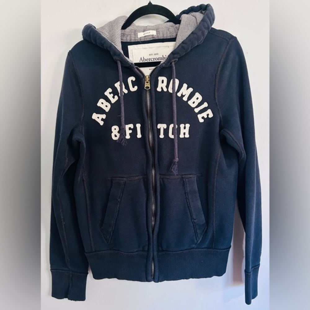 Abercrombie & Fitch Zip Hoodie Sweatshirt Navy Logo Preppy Y2K  Spell-Out  S